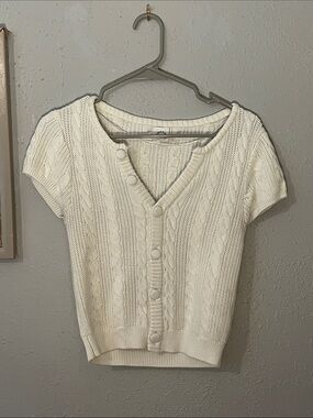 Short Cable-Knit Button Front Sweater - White